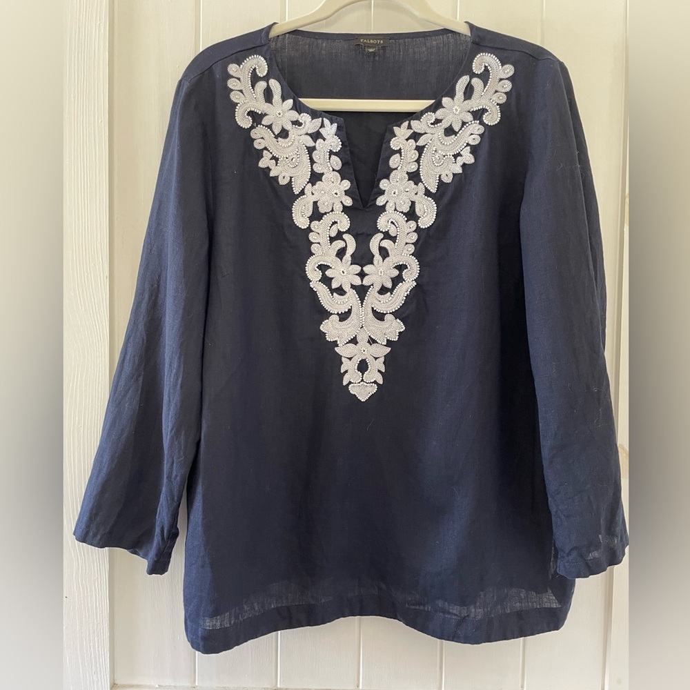 Women’s Talbots Navy 100% linen Beaded V neck embellished Tunic Blouse Top L